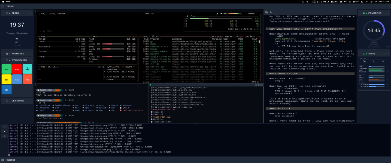 Mado terminal multiplexer showing split panes and sidebar plugins on macOS