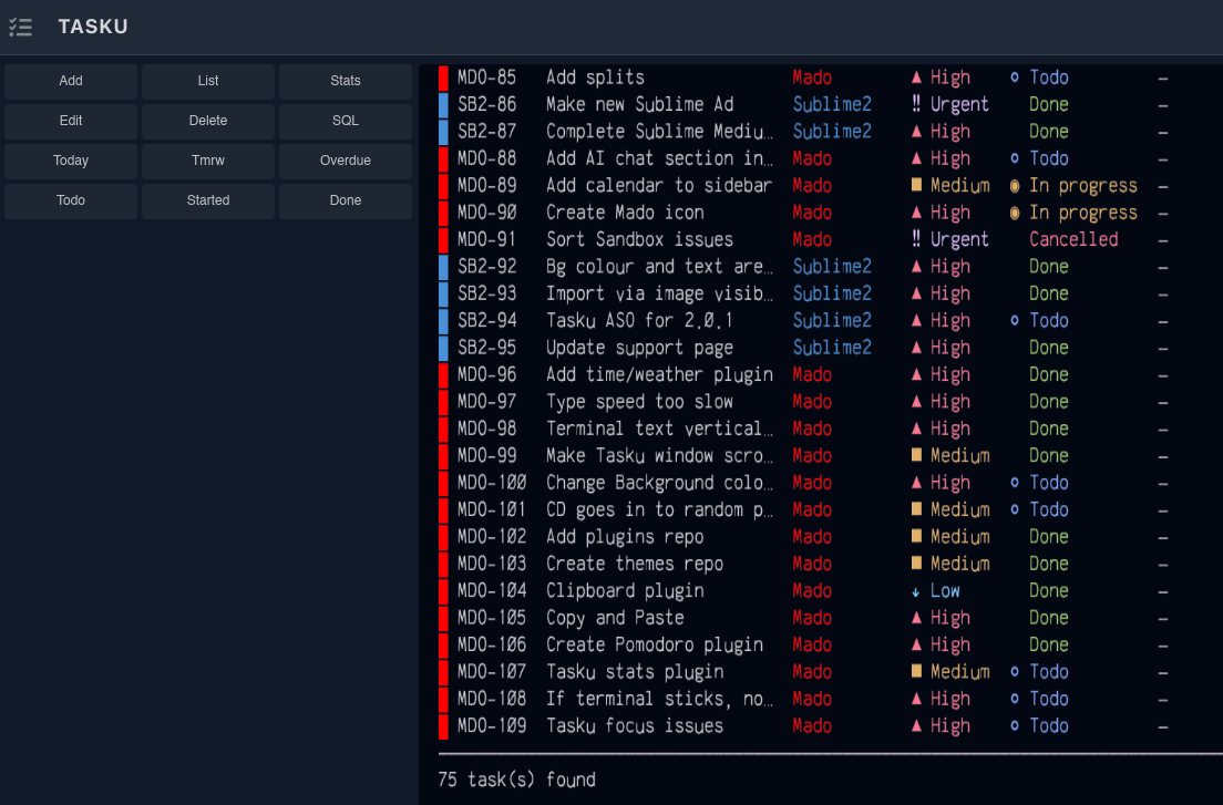 Tasku task panel inside the Mado sidebar