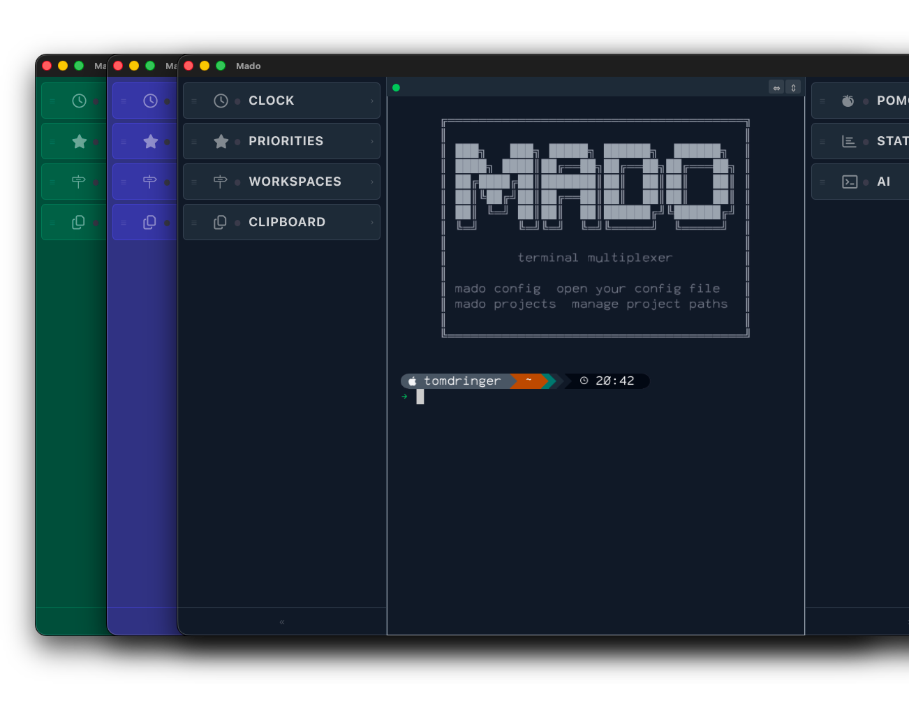 Mado showing three themes — Slate, Indigo, and Emerald — stacked to reveal the colour differences