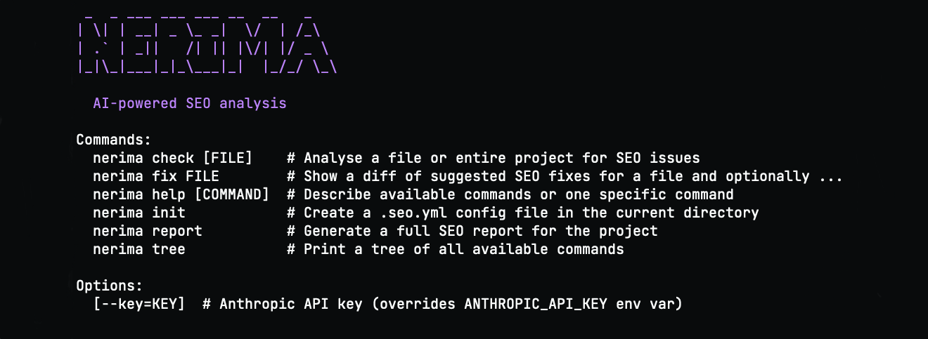 Nerima CLI showing SEO analysis results in the terminal